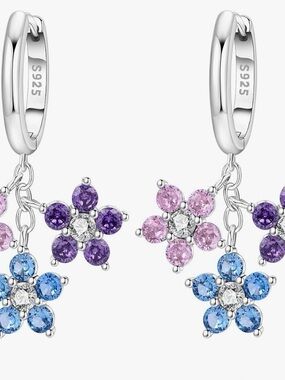 Sterling Silver Multicolor Flower Dangle Hoop Earrings